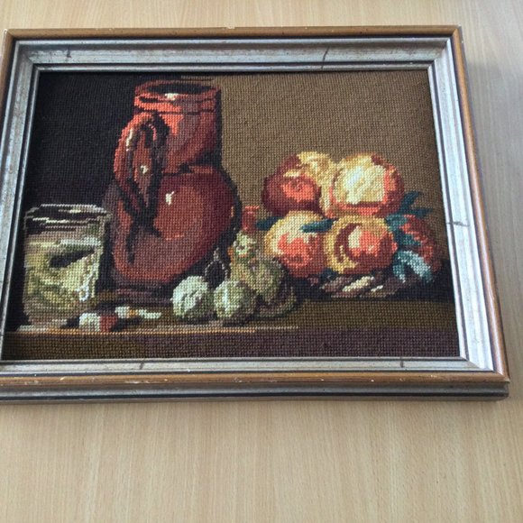Beautiful handmade needlework yarn art wall hanging framed still life fruits mug - Picture 4 of 7